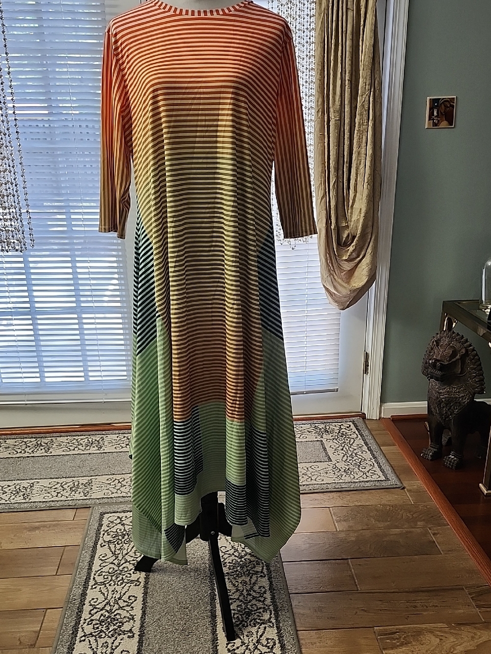 Striped Ombre Long Sleeve Maxi Dress in Orange and Green